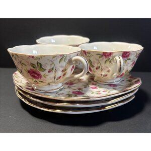 Lefton China Rose Chintz Tea Cups Clam Shell Luncheon Plate Set Of 3 Vintage 50s